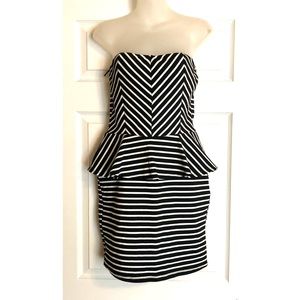 Strapless Black & White Striped Dress with Peplum